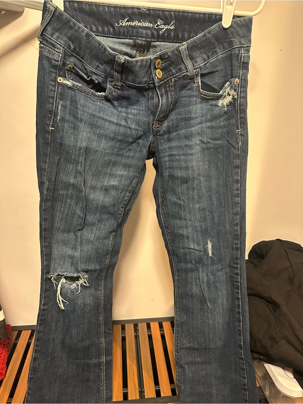 American Eagle Outfitters Dark Blue Distressed Flare Jeans